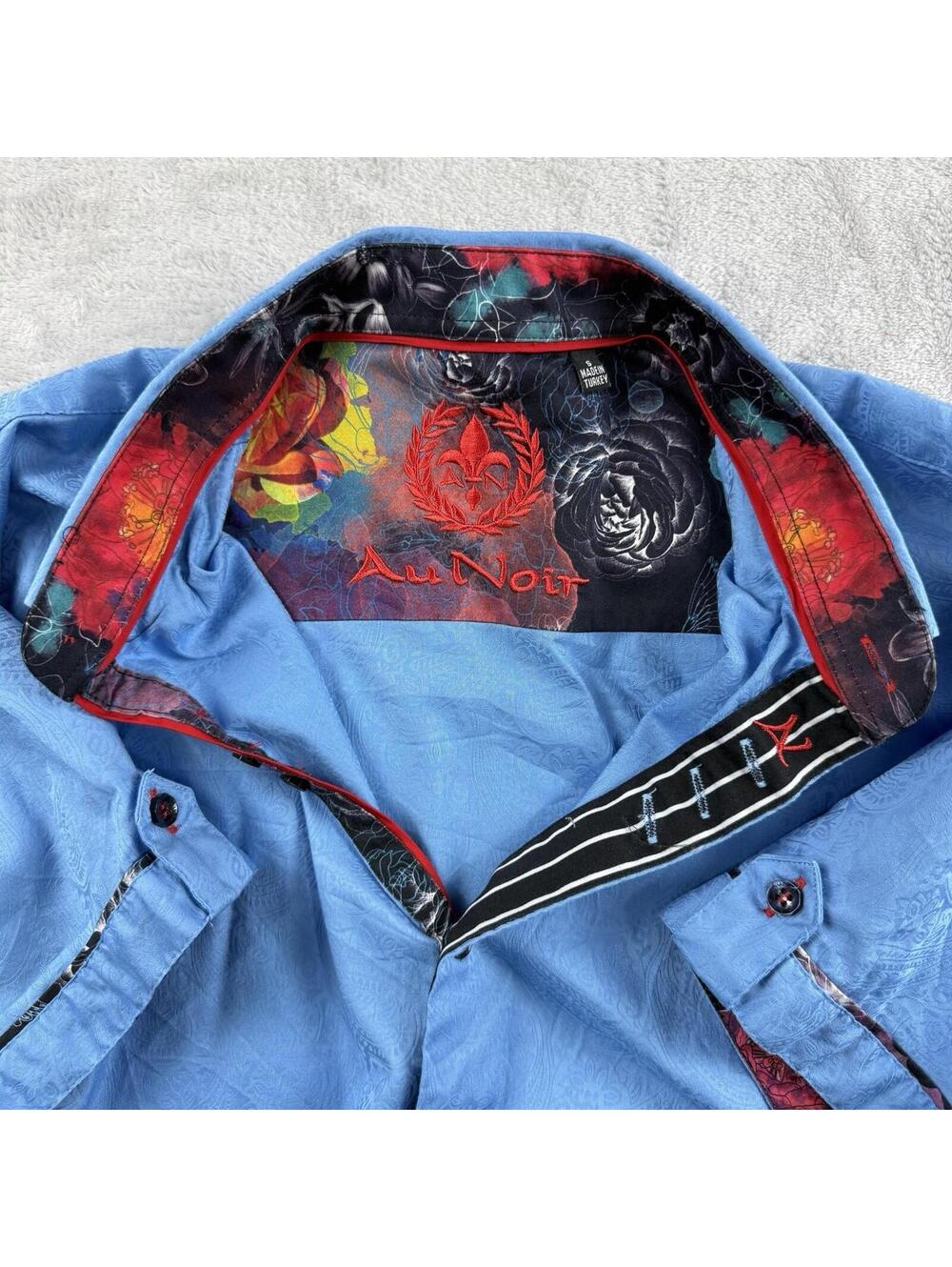 Au Noir Men Large Blue Paisley Jacquard Dress Shirt Contrast Trim Luxury Button